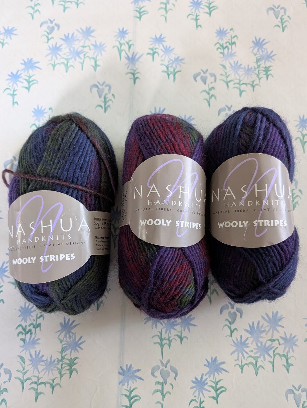 Lot Nashua Handknits Wooly Stripes Yarn NEW 100% Wool Tartan Purple Blue 88 yds